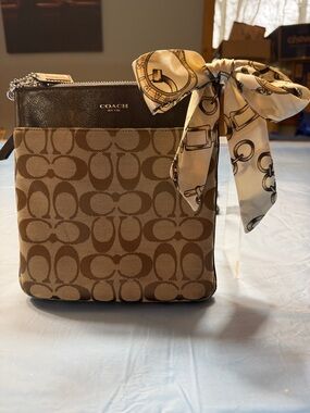 Coach Signature Tan and Brown Crossbody Bag and key charm